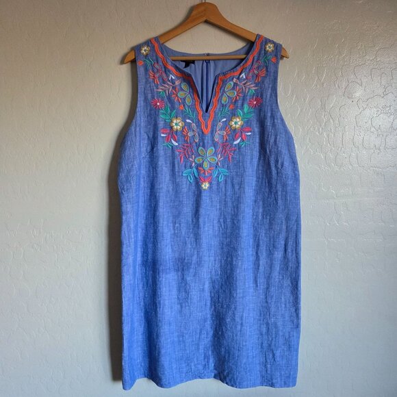 Talbots Linen Blend Floral Embroidered Chambray Shift Dress Blue Size Women's 16 - Picture 1 of 10